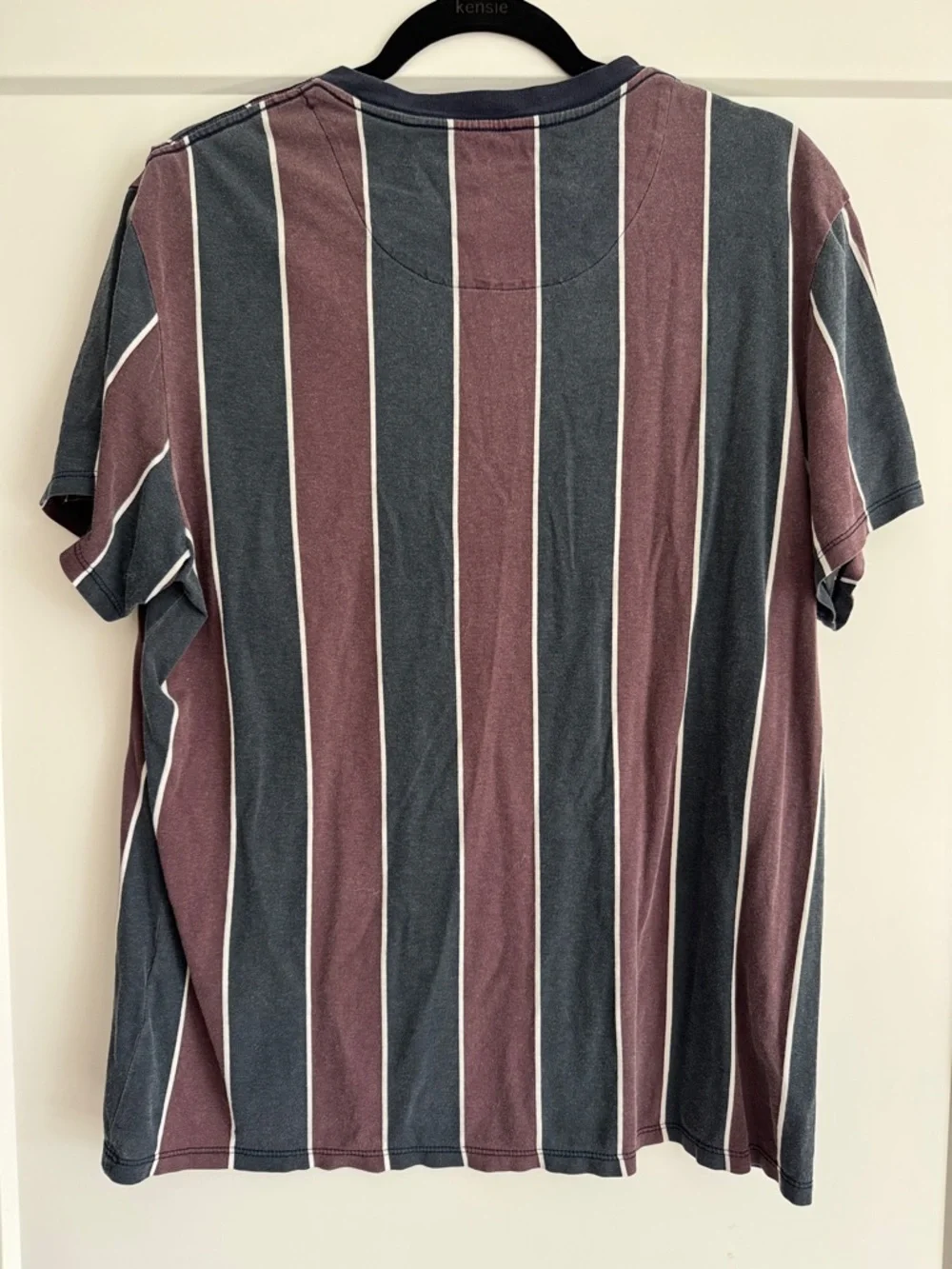 GUESS Men's Striped Crew Neck Tee - Burgundy & Charcoal - Picture 4 of 4